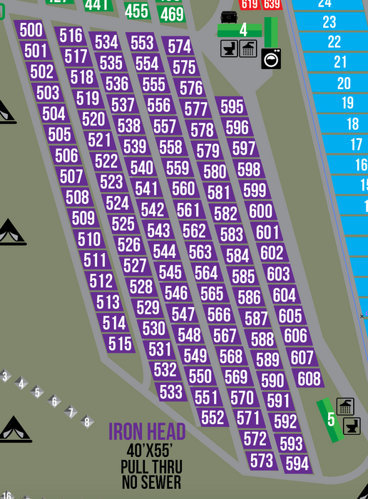 2025 Iron Head RV Park - (40' X 55') PULL THROUGH SITES (Sites 500 to 598)